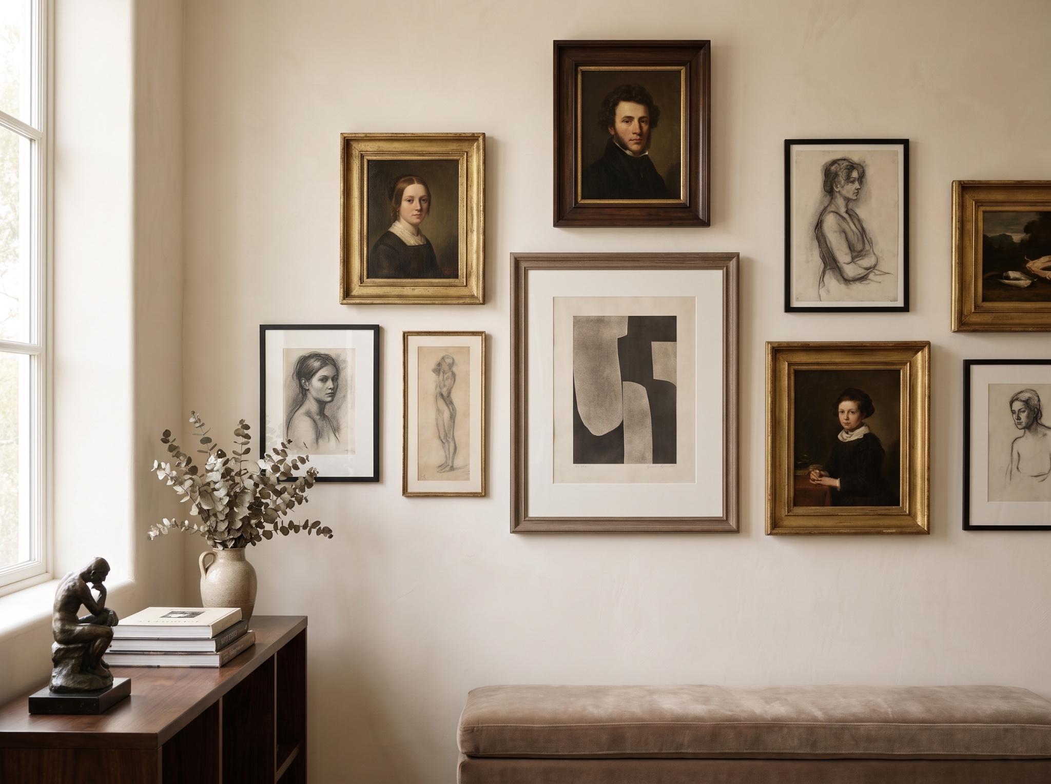 Curated collection of fine art in a refined residential gallery wall