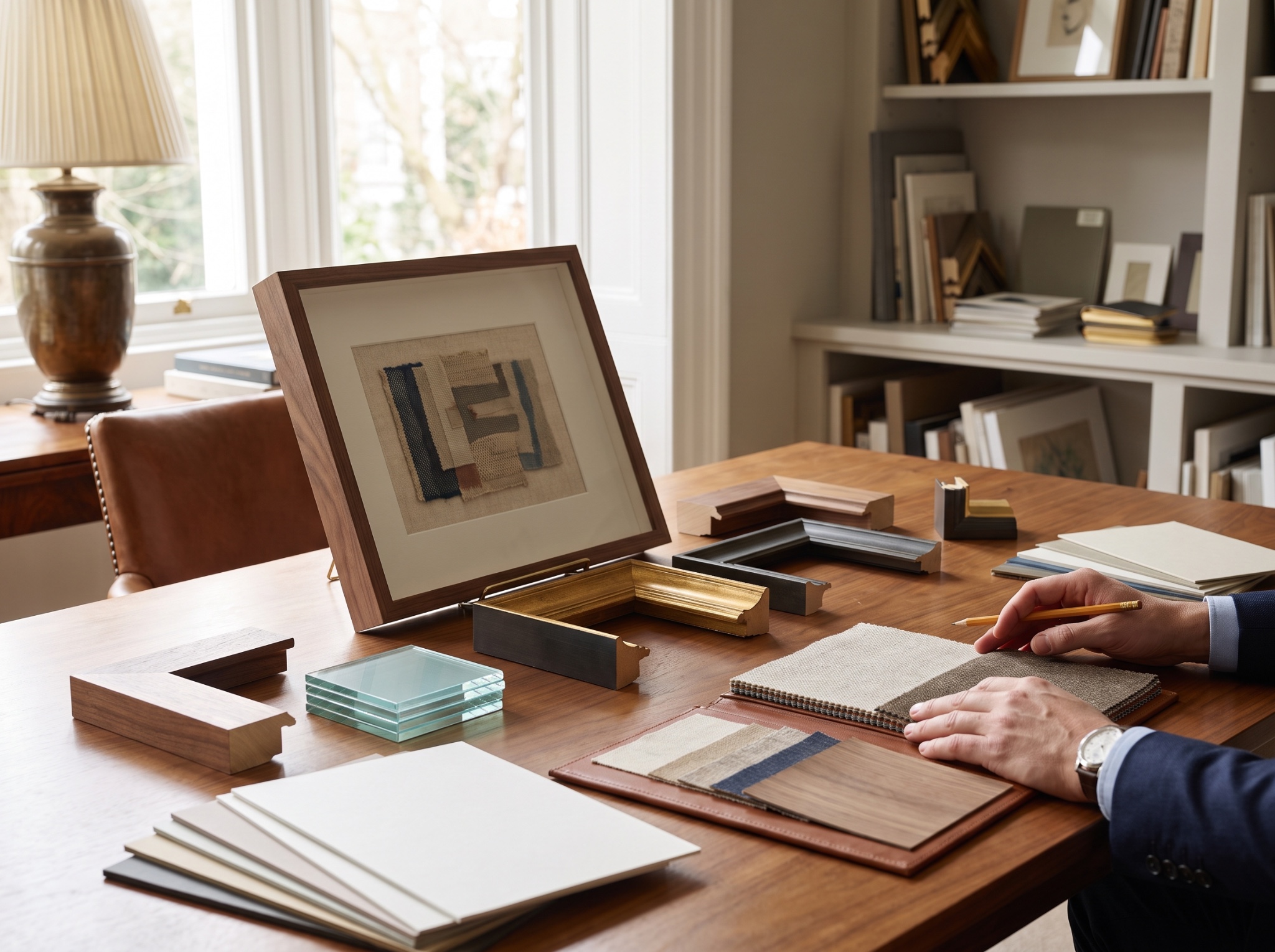 Fine art framing consultation with moulding, mat, and glazing samples