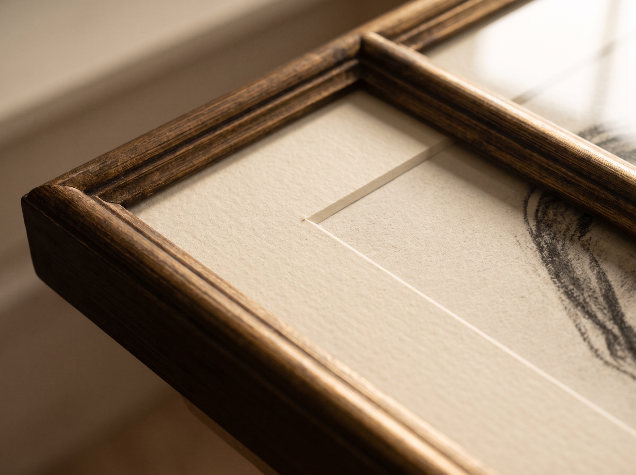 Close-up of handcrafted fine art frame moulding and archival matting