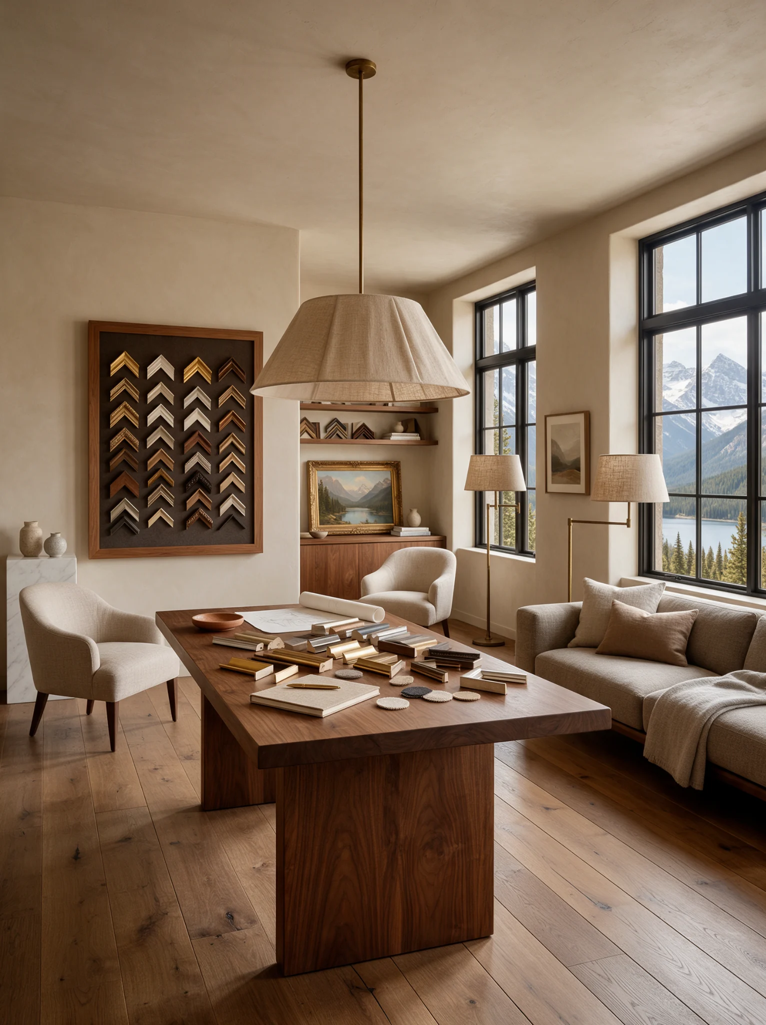 Luxury custom framing consultation studio with curated moulding samples