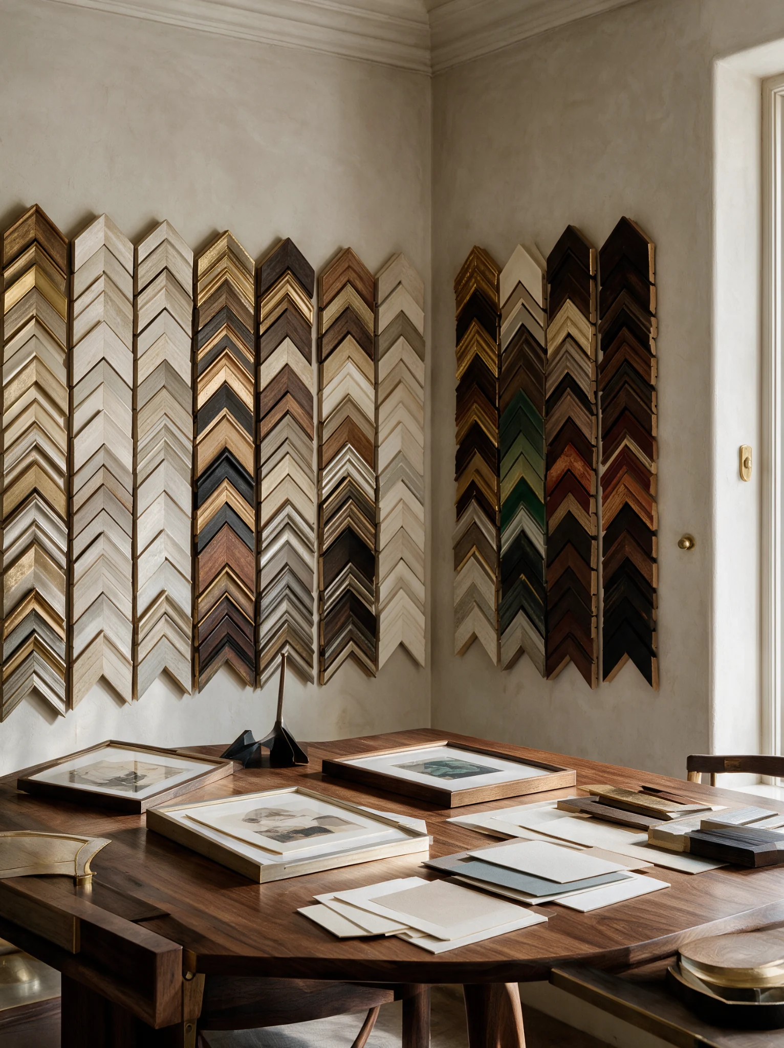 Designer consultation room with extensive custom frame moulding samples