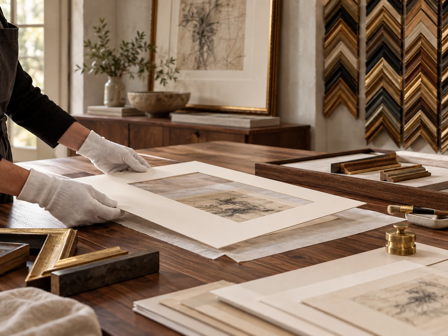 Conservation framing process with archival matting and handcrafted frame materials