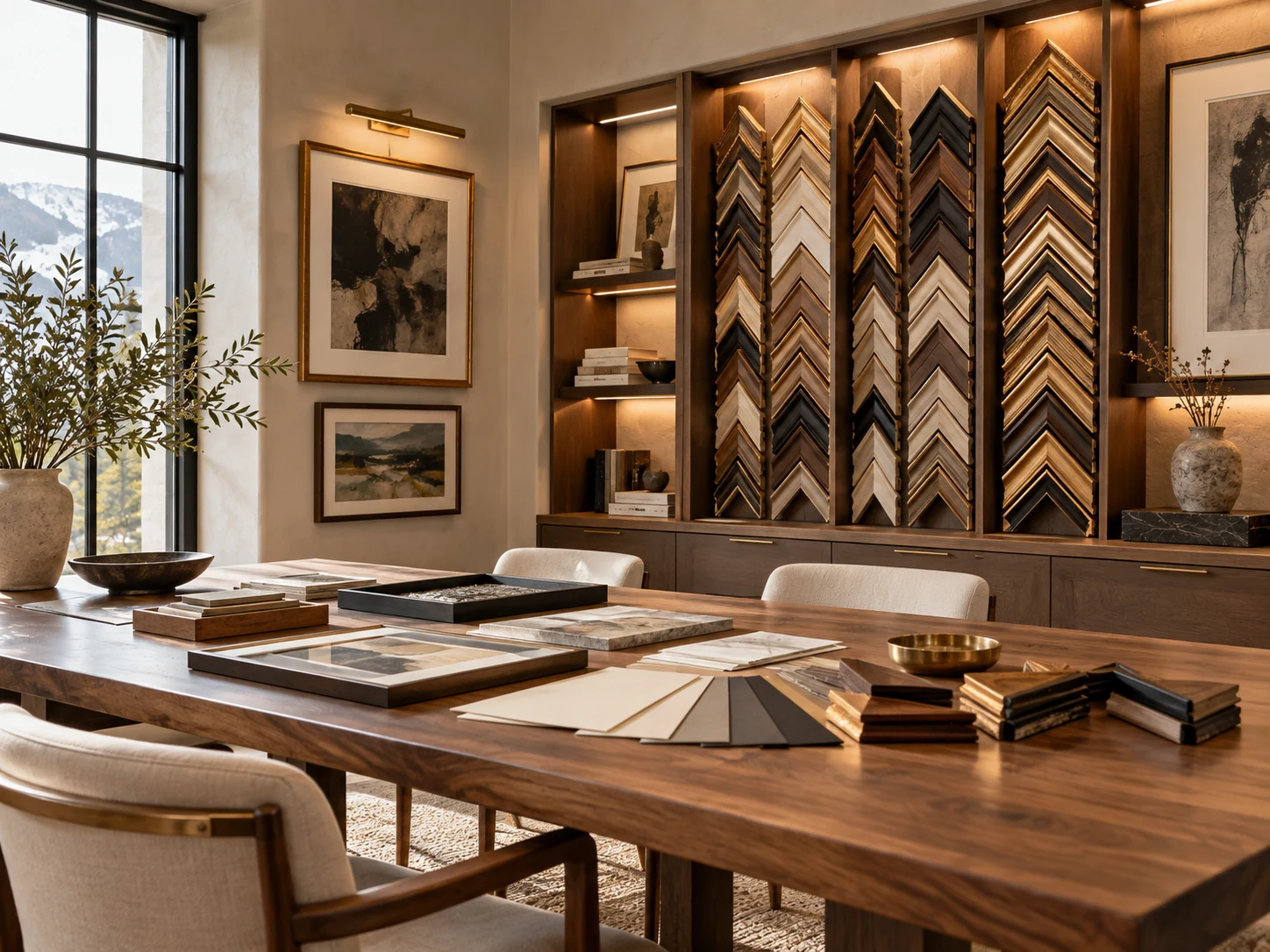 Luxury framing consultation studio with curated frame moulding samples and design materials