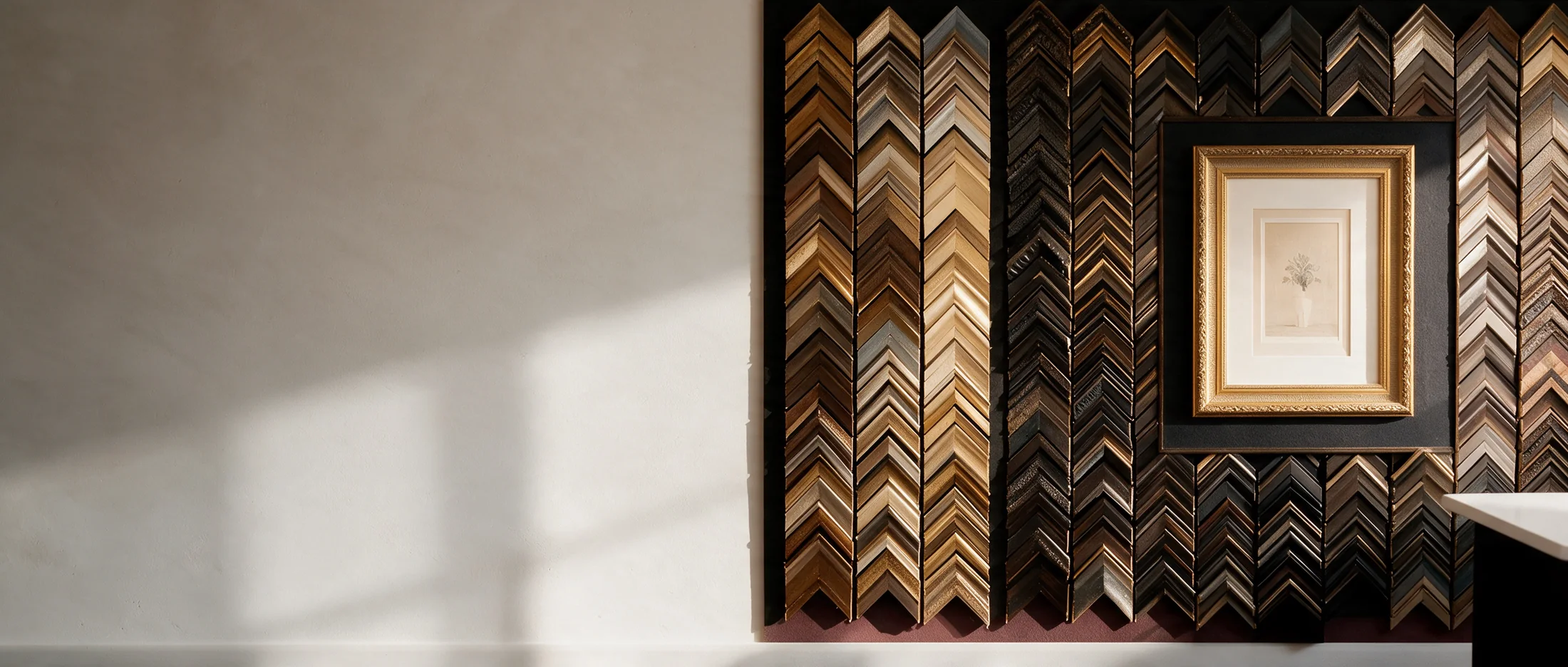 Masten Fine Framing studio wall with curated frame moulding samples
