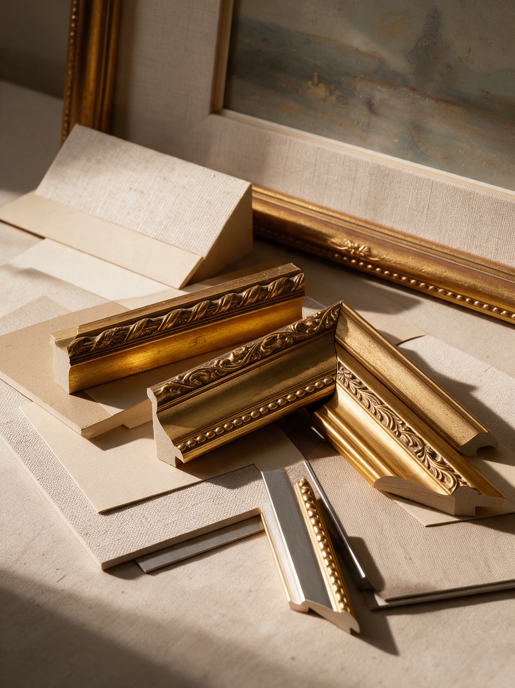 Luxury gold frame mouldings and premium framing materials at Masten Fine Framing