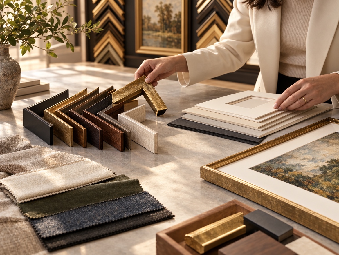 Frame moulding, matting, and material samples arranged for a framing consultation