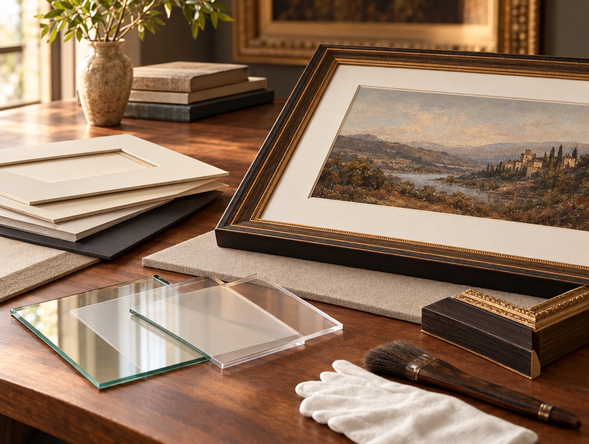 Museum quality glazing, mat boards, and framed artwork arranged for conservation framing