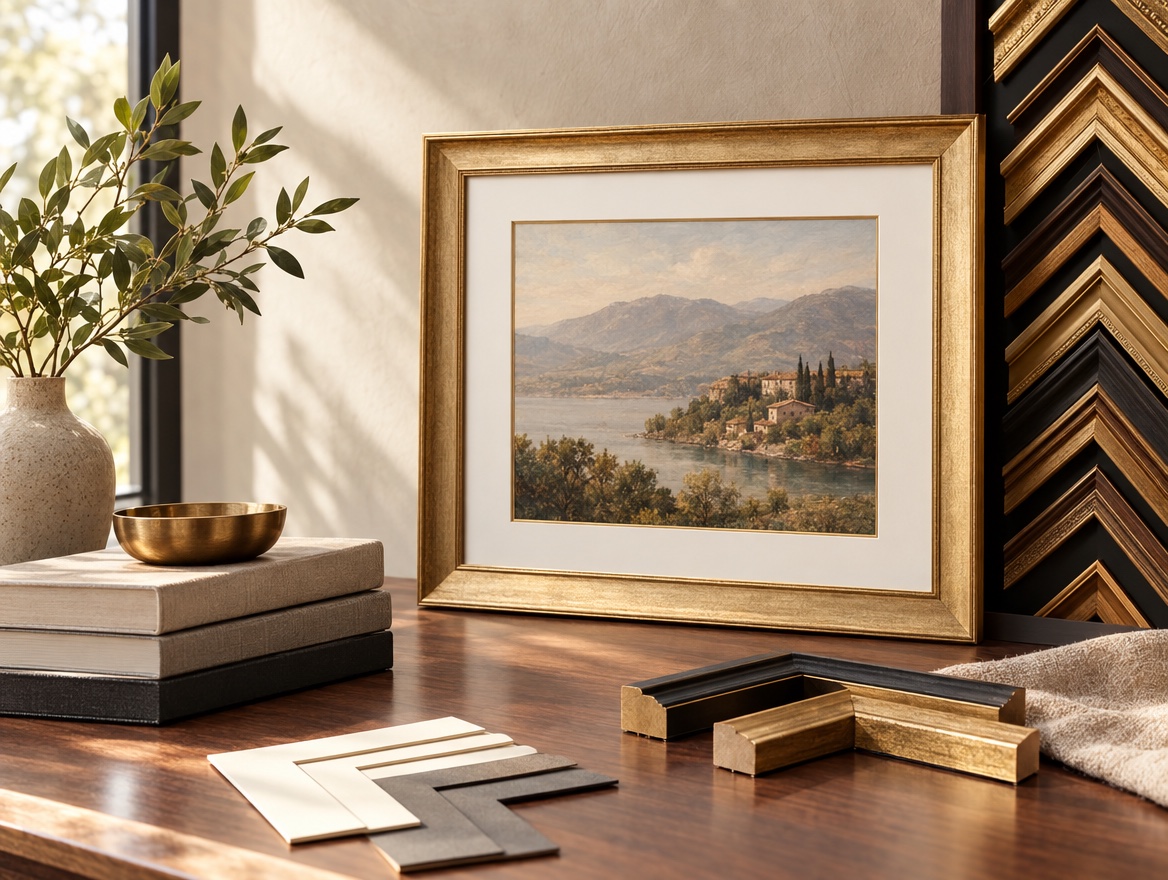 Finished custom framed landscape artwork with matting and moulding samples