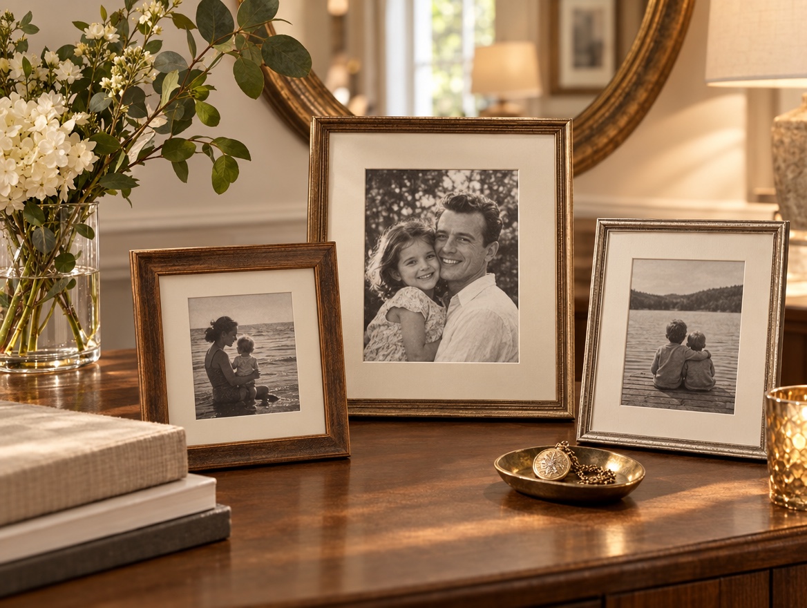 Framed black and white photographs displayed in a refined interior