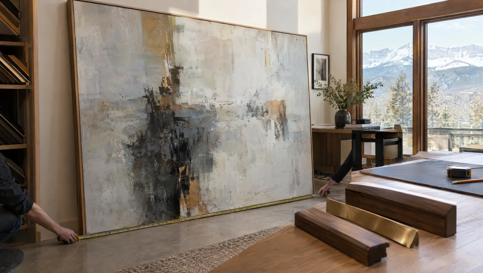 Oversized artwork being measured during a custom framing consultation
