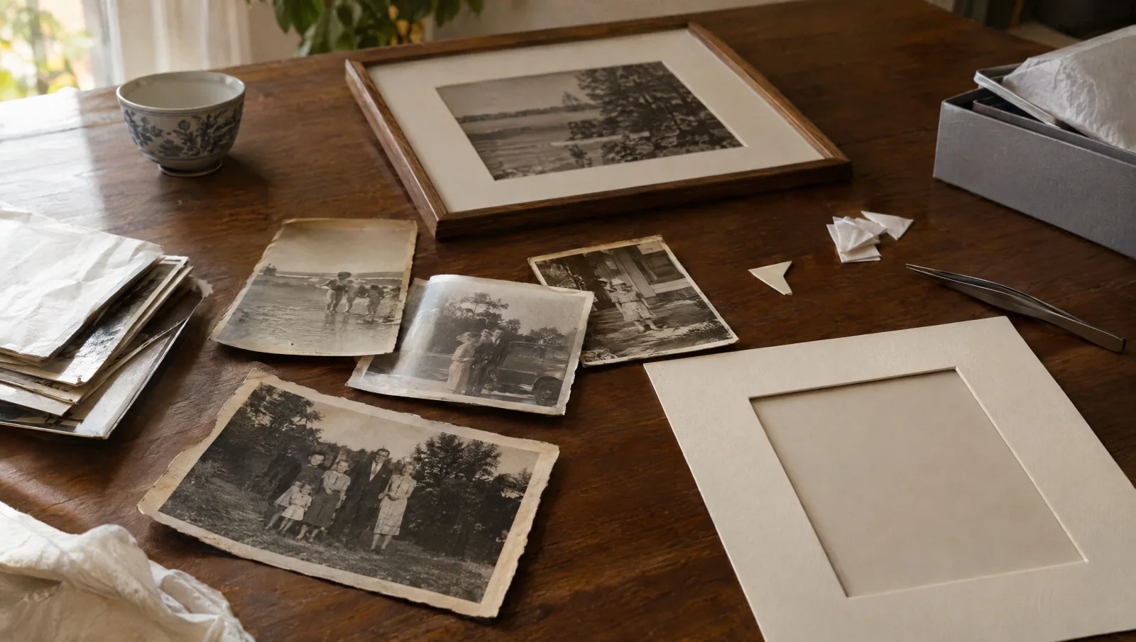 Vintage family photographs arranged with archival framing materials