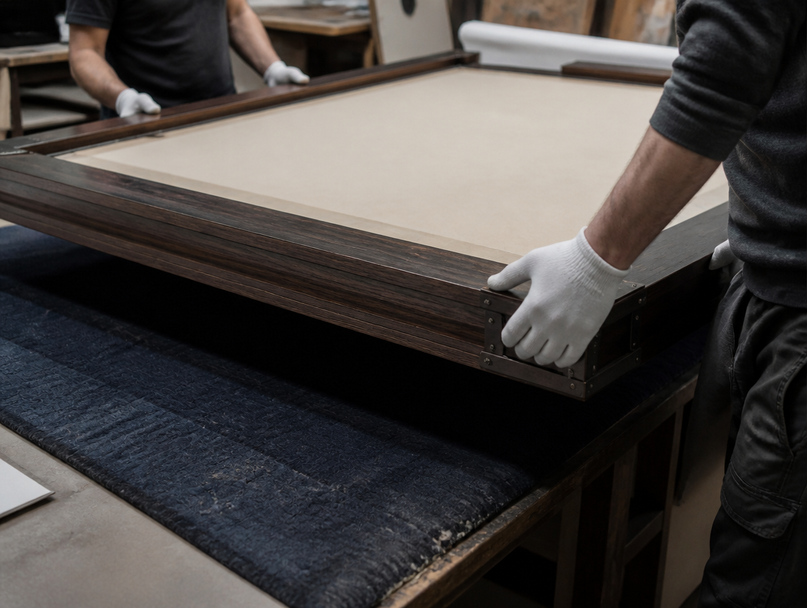 Framers handling an oversized custom artwork in the Masten studio