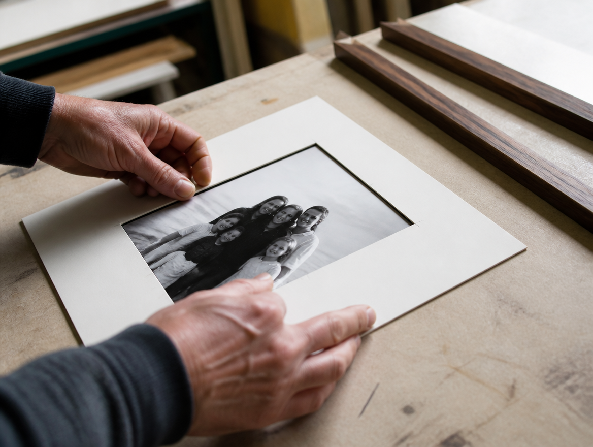 Close-up of photograph framing and archival matting at Masten