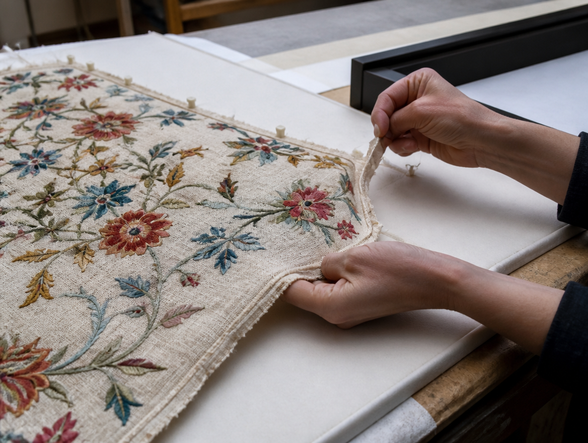 Close-up of textile framing and archival mounting at Masten
