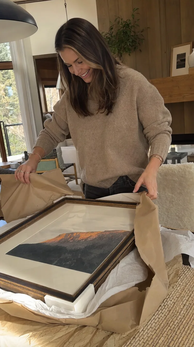 Client unwrapping a custom-framed Colorado landscape artwork at home