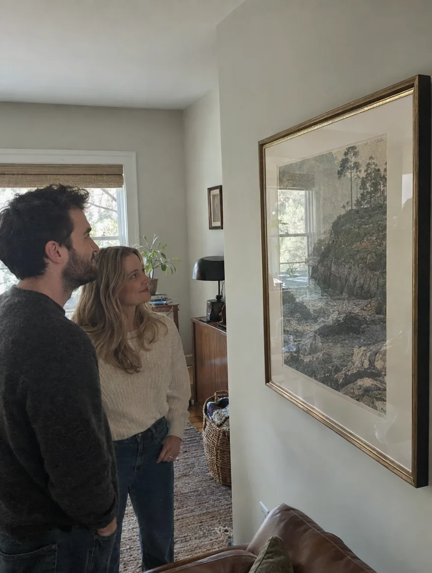 Couple admiring newly installed custom-framed artwork in their home