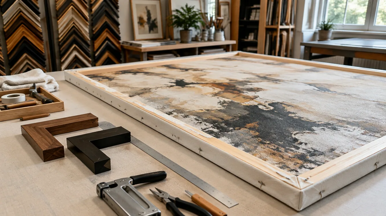 Large original canvas being carefully stretched over custom wooden stretcher bars in a framing workshop