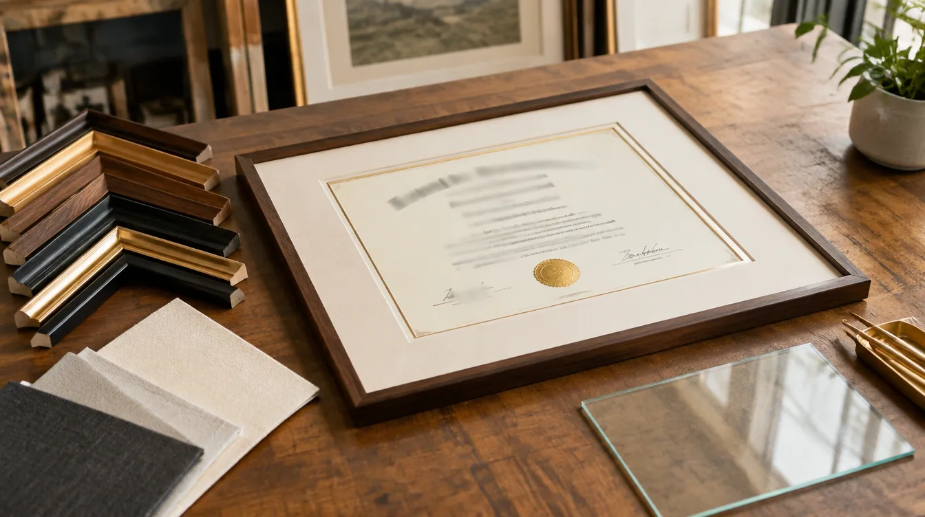 Custom framed diploma and certificate in an elegant home office with archival mats and refined frames