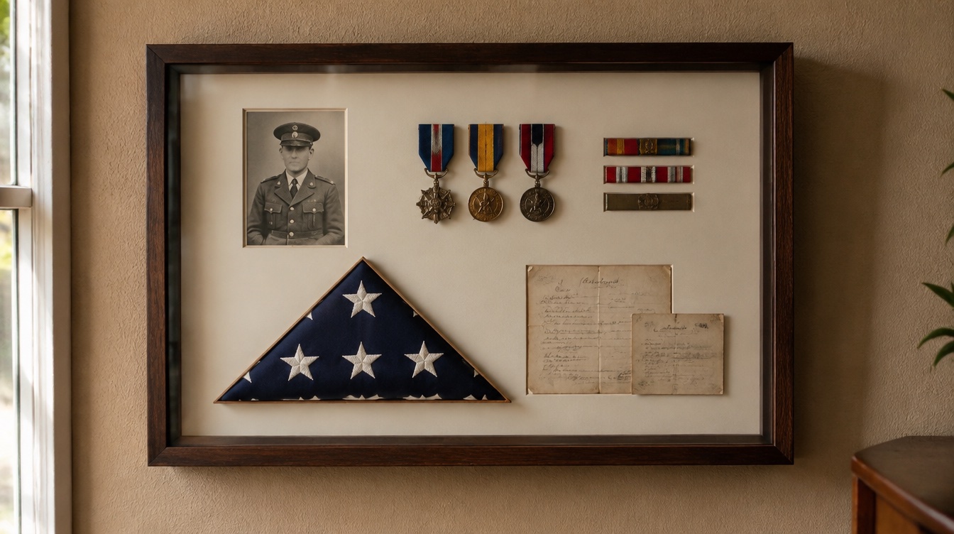 Military service medals, folded American flag, portrait and commendation arranged in a custom walnut shadow box