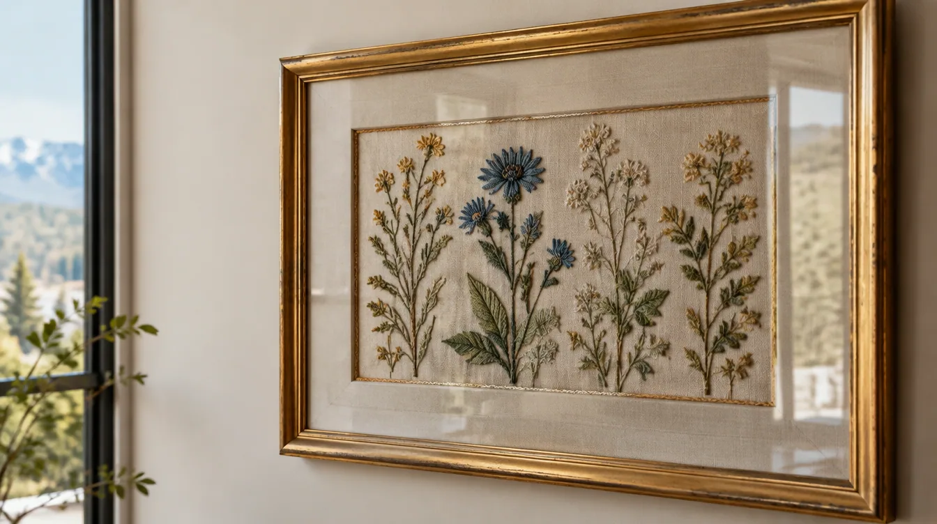 Hand-stitched needlepoint and embroidery professionally framed with conservation matting in a warm wood frame