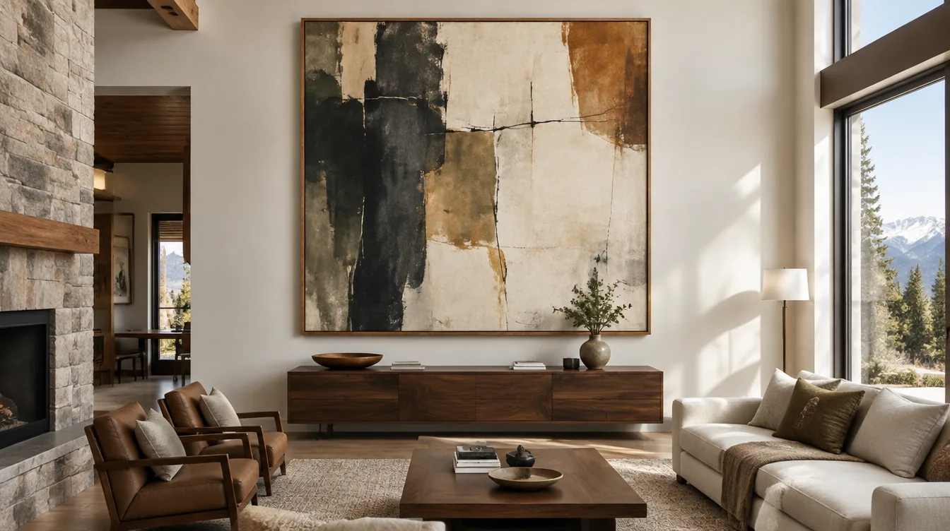 Oversized abstract artwork professionally float-framed in warm walnut in a refined Colorado interior