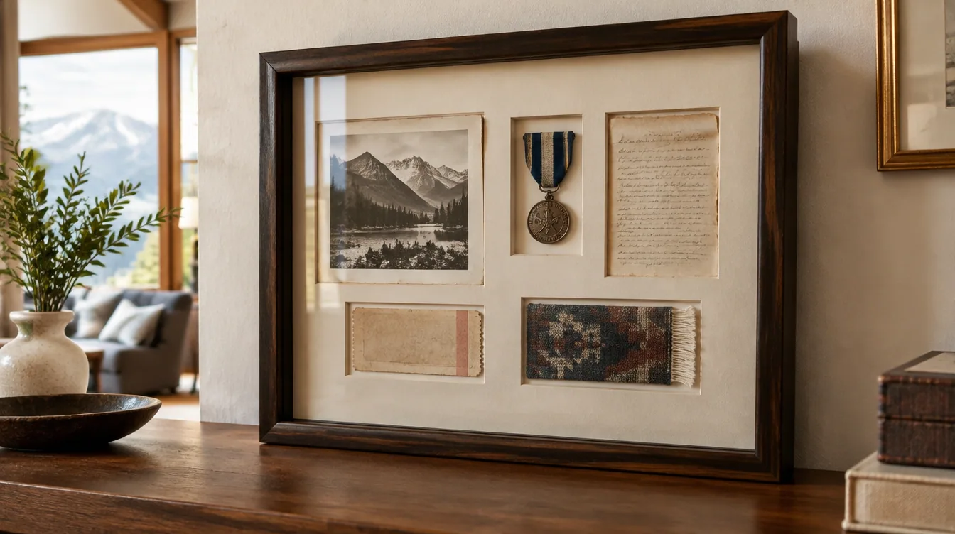 Luxury custom shadow box with heirloom watch, letter, photograph, medal and ticket arranged in a walnut frame