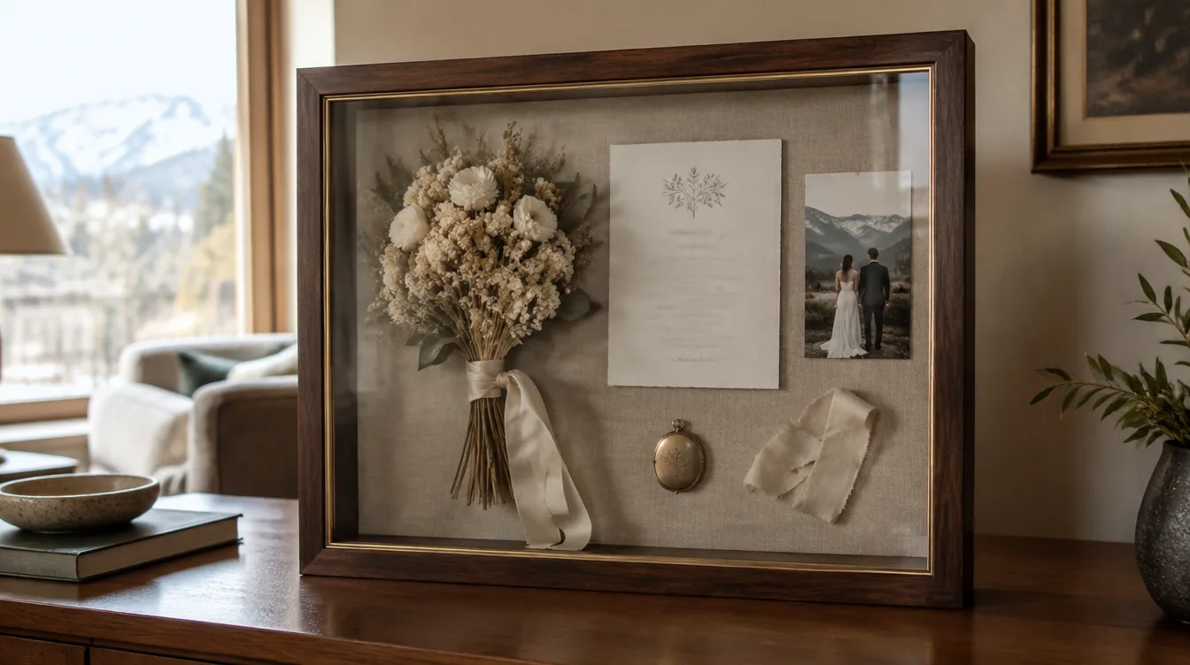 Pressed bridal bouquet, invitation and wedding photograph arranged in a sophisticated custom shadow box