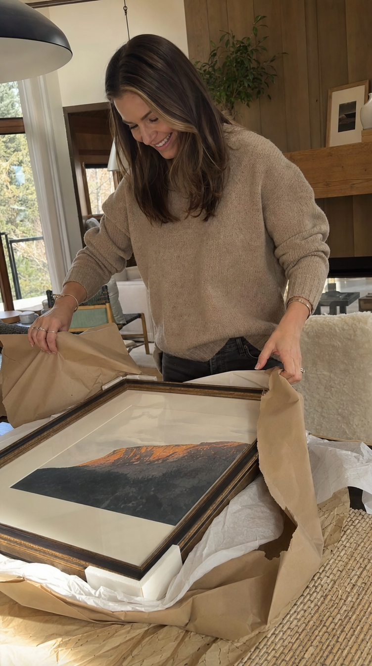 Client unwrapping a custom-framed Colorado landscape artwork at home