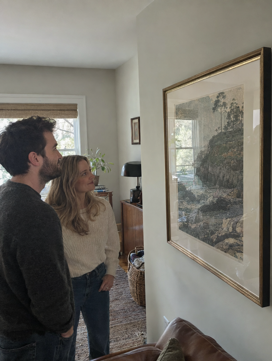Couple admiring newly installed custom-framed artwork in their home