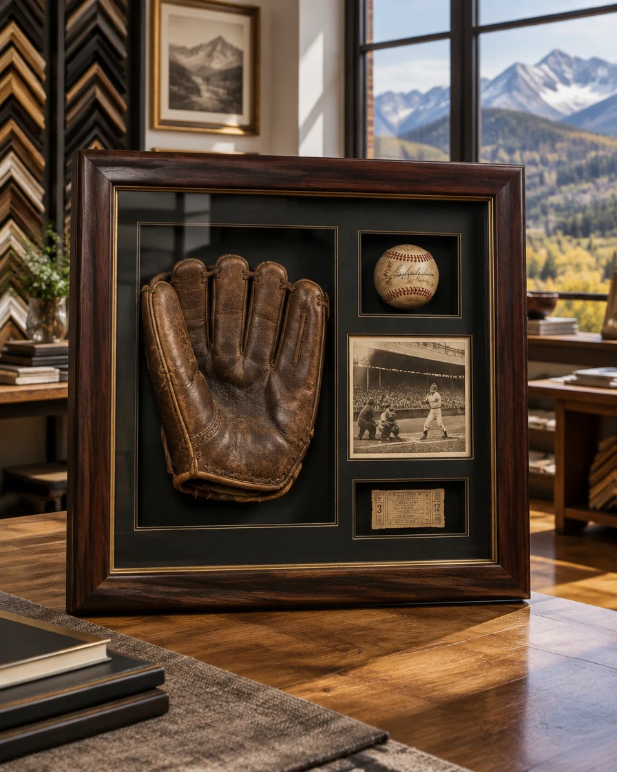Museum-style baseball memorabilia shadow box with glove and signed baseball