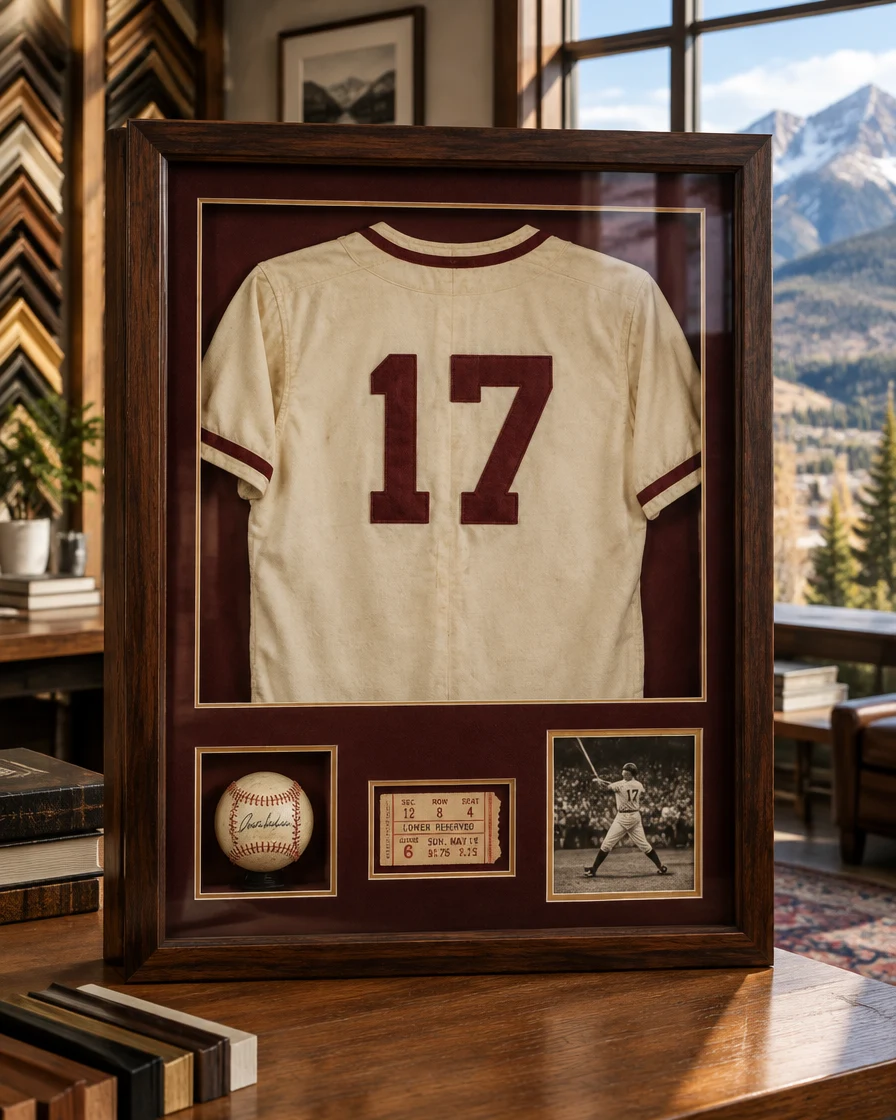 Custom framed vintage baseball jersey with signed ball and game-day keepsakes