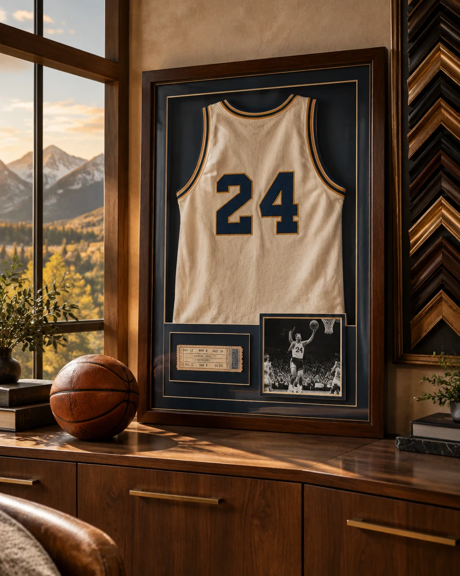 Custom framed basketball jersey with ticket and vintage action photography