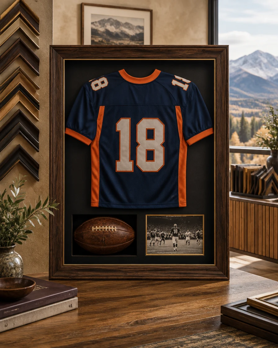 Luxury custom framed football jersey with vintage photograph, ticket and football